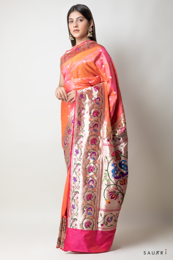 Handwoven orange colour paithani silk saree